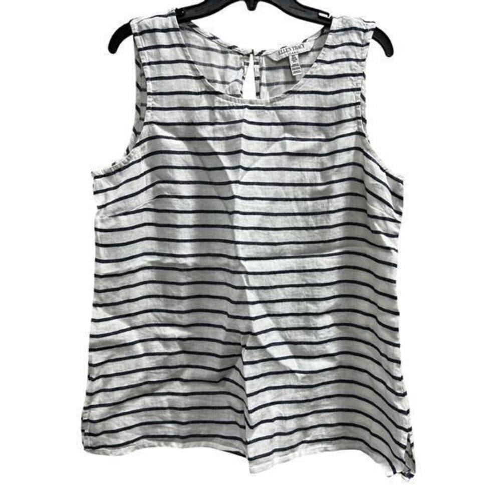 ELLEN TRACY linen white blue nautical coastal sleeveless shell top sz L